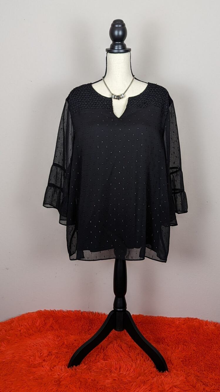 NWT Investments Women Black 3/4 Sheer Bell Sleeve Raised Swiss Dot Blouse Top 1X